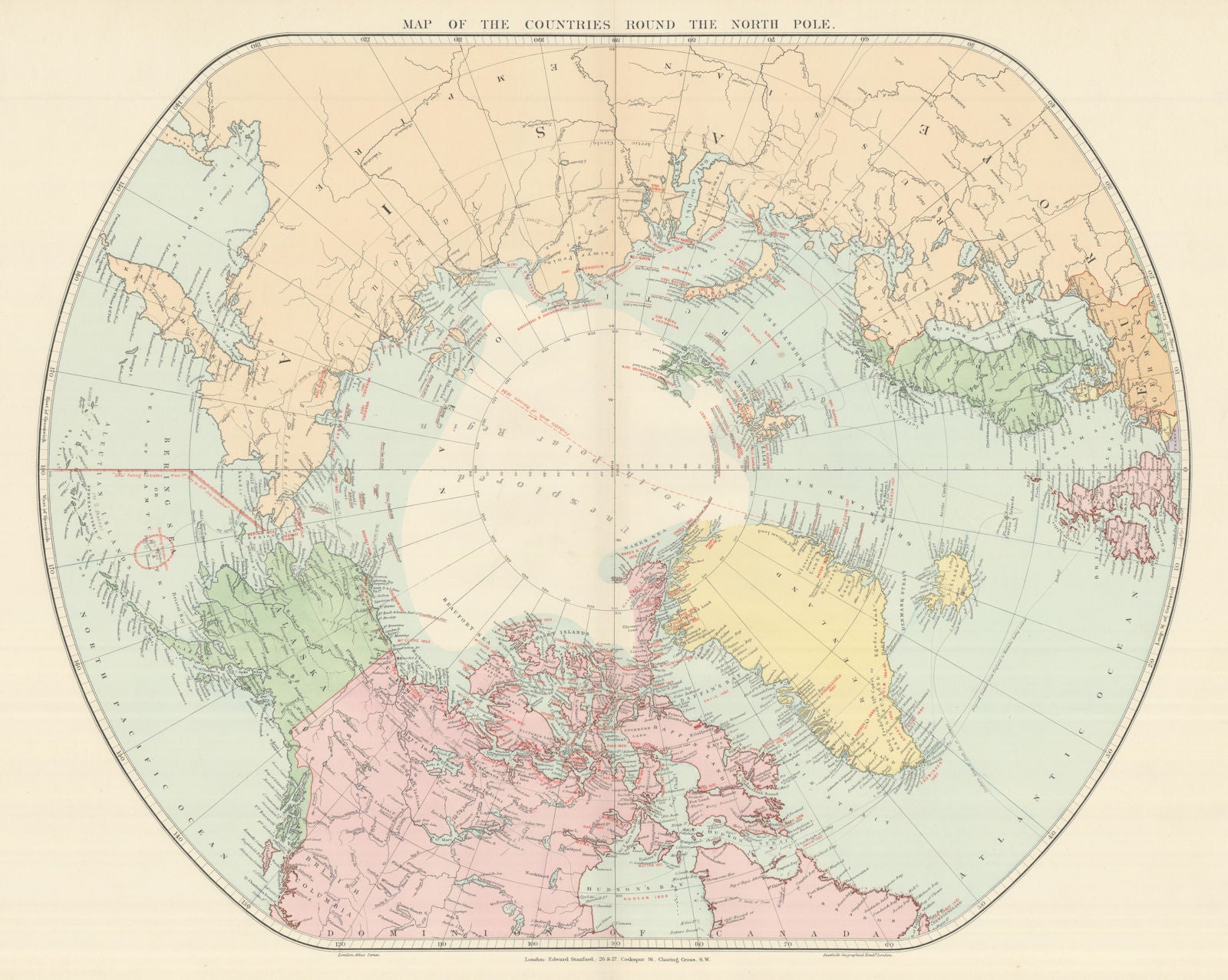 Arctic Regions. North Pole. Explorers' routes dates. Nansen. STANFORD 1894 map